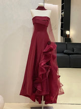 Burgundy Tulle Strapless Prom Dress