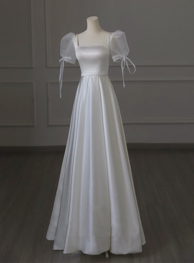 White Satin Puff Sleeve Pearls Wedding Dress