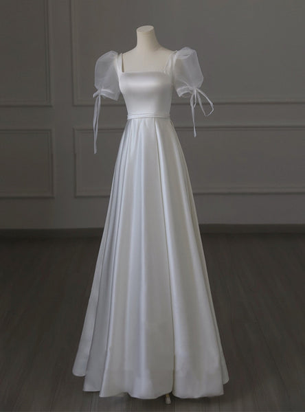 White Satin Puff Sleeve Pearls Wedding Dress