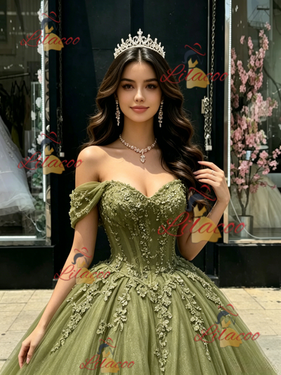 Green Tulle Off the Shoulder Appliques Quinceanera Dress