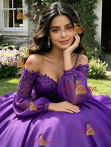 Purple Satin Long Sleeve Appliques Quinceanera Dress