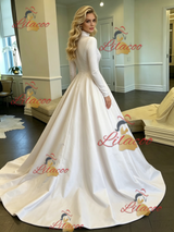White Satin High Neck Long Sleeve Wedding Dress