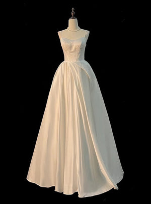 White Satin Spaghetti Straps Wedding Dress