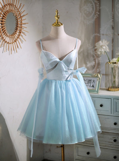 Blue Tulle Straps Pearls Homecoming Dress