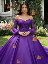 Purple Satin Long Sleeve Appliques Quinceanera Dress