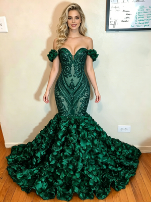 Green Mermaid Sequins Off the Shoulder Prom Dress