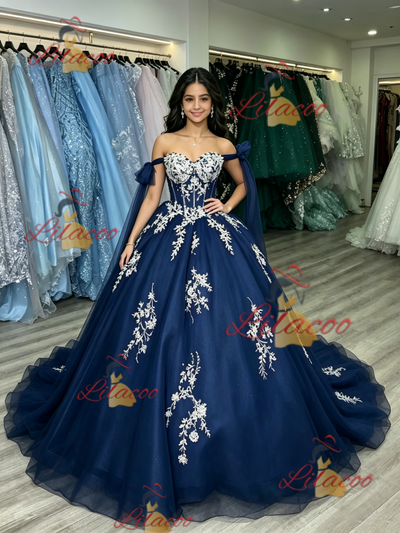 Blue Tulle Lace Appliques Quinceanera Dress