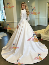 White Satin High Neck Long Sleeve Wedding Dress