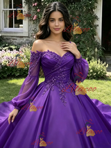 Purple Satin Long Sleeve Appliques Quinceanera Dress