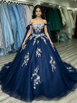 Blue Tulle Lace Appliques Quinceanera Dress