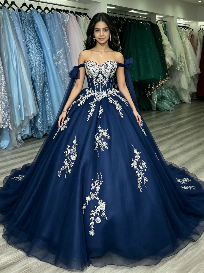 Blue Tulle Lace Appliques Quinceanera Dress