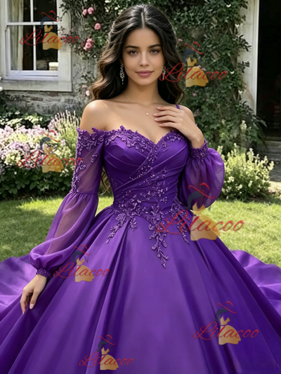 Purple Satin Long Sleeve Appliques Quinceanera Dress