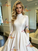 White Satin High Neck Long Sleeve Wedding Dress