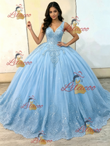 Blue Tulle V-neck Appliques Quinceanera Dress