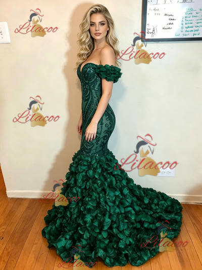 Green Mermaid Sequins Off the Shoulder Prom Dress