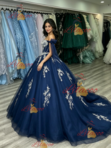 Blue Tulle Lace Appliques Quinceanera Dress