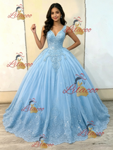 Blue Tulle V-neck Appliques Quinceanera Dress