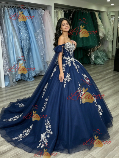 Blue Tulle Lace Appliques Quinceanera Dress