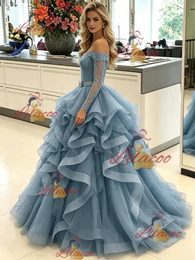 Blue Off the Shoulder Long Sleeve Prom Dress