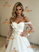 White Tulle Long Sleeve Butterfly Wedding Dress