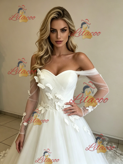 White Tulle Long Sleeve Butterfly Wedding Dress