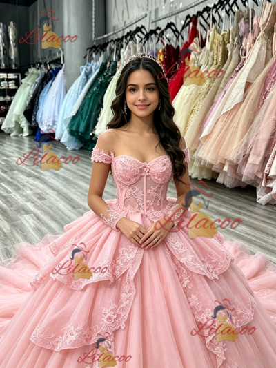 Pink Tulle Off the Shoulder Appliques Quinceanera Dress