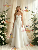 White Tulle Strapless Bow Wedding Dress