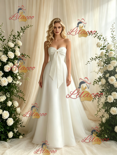 White Tulle Strapless Bow Wedding Dress