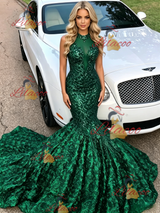 Green Mermaid Sequins Halter Prom Dress