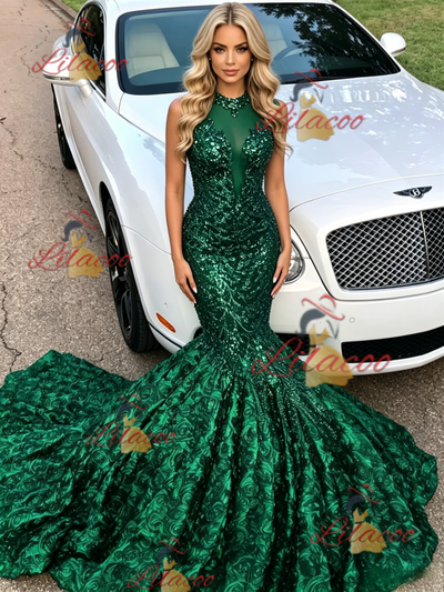 Green Mermaid Sequins Halter Prom Dress