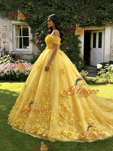 Yellow Tulle Off the Shoulder 3D Appliques Quinceanera Dress
