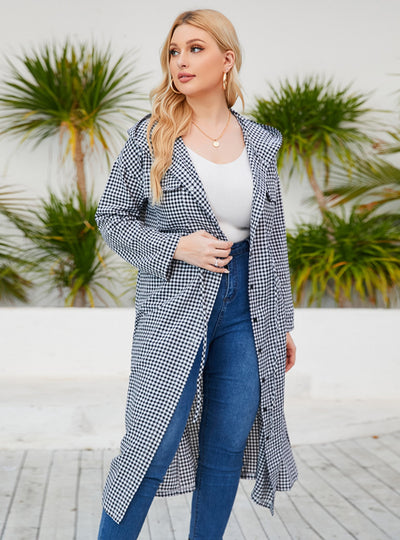 Hat Knee-length Long Sleeve Plaid Coat