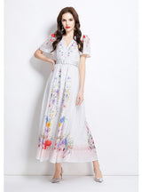 Flower Short Sleeve Retro Long Dress