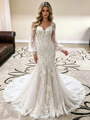White Mermaid Lace Long Sleeve Wedding Dress