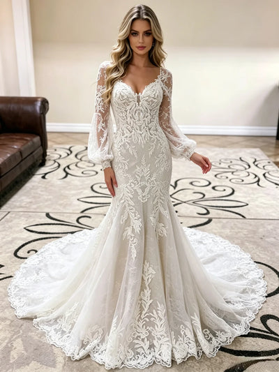 White Mermaid Lace Long Sleeve Wedding Dress