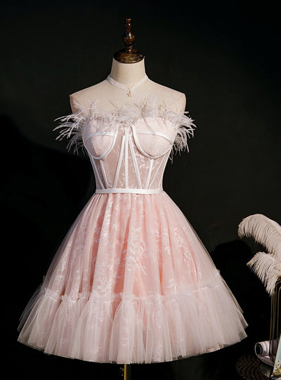 Pink Tulle Lace Feather Strapless Homecoming Dress