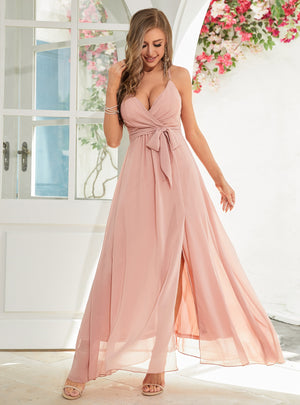 Pink Chiffon Spaghetti Straps Split Party Dress