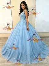 Blue Tulle V-neck Appliques Quinceanera Dress