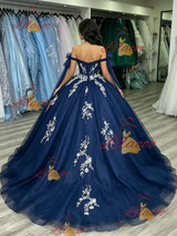 Blue Tulle Lace Appliques Quinceanera Dress