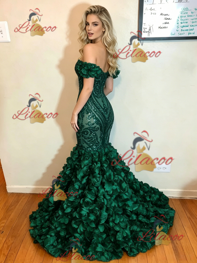 Green Mermaid Sequins Off the Shoulder Prom Dress