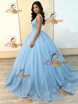 Blue Tulle V-neck Appliques Quinceanera Dress