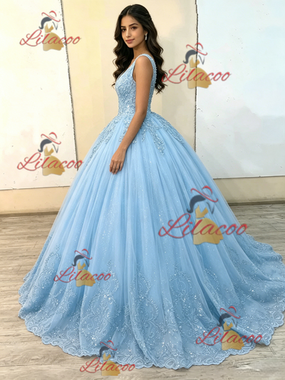 Blue Tulle V-neck Appliques Quinceanera Dress