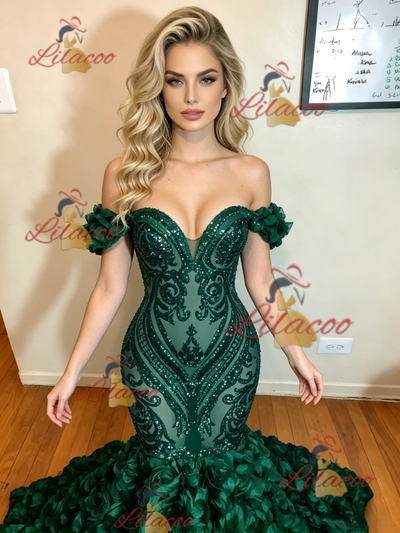 Green Mermaid Sequins Off the Shoulder Prom Dress