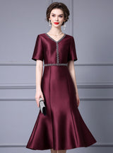 Burgundy Satin V-neck Mother Of The Bride Dress