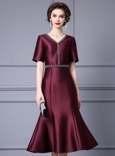 Burgundy Satin V-neck Mother Of The Bride Dress
