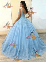 Blue Tulle V-neck Appliques Quinceanera Dress