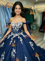 Blue Tulle Lace Appliques Quinceanera Dress