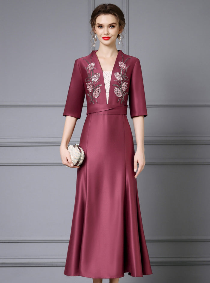 Burgundy Satin Beading Mother Of The Bride Dress