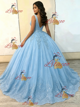 Blue Tulle V-neck Appliques Quinceanera Dress
