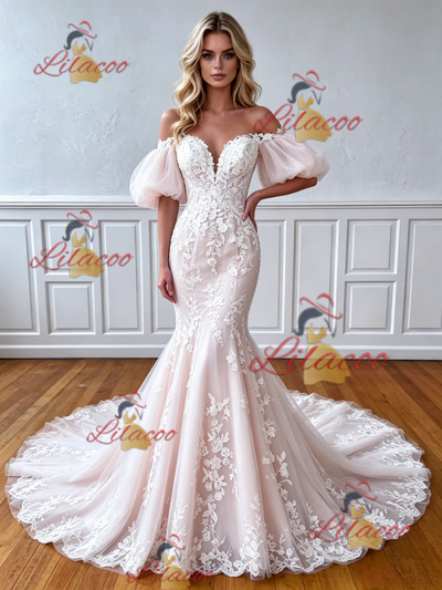 Mermaid Tulle Appliques Puff Sleeve Wedding Dress